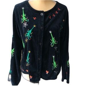 Michael Simon Lite Black Velvet Embroidered Christmas Tree Blazer Cardigan